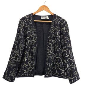 Chicos Design Silk Jacket Vtg Black Embroidered Sz 0 US 4 Lined Blazer Evening